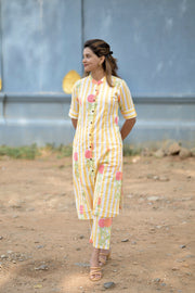 Yellow Floral Stripes Cotton Co-ords